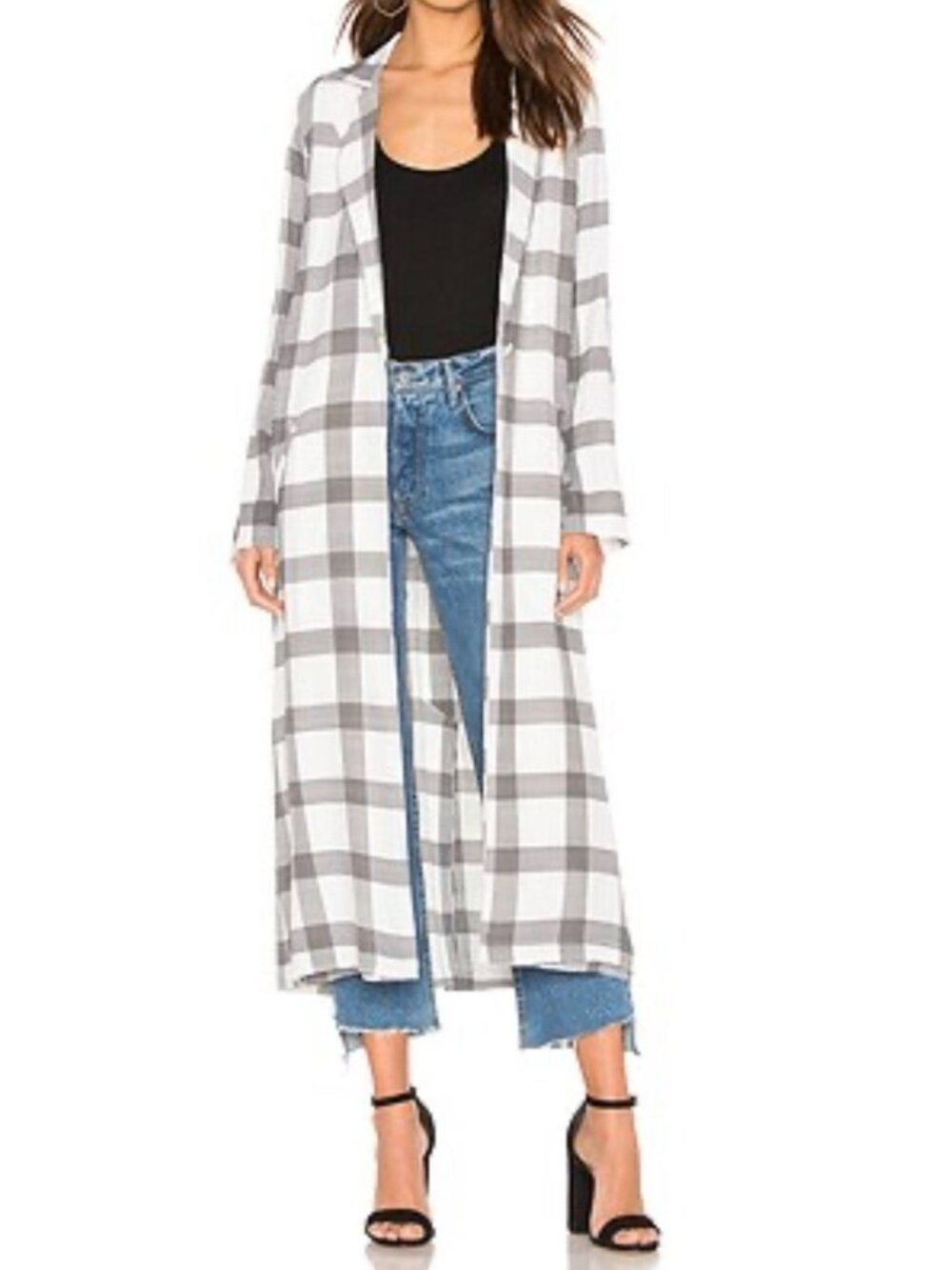 Flynn Skye Revolve Athena Duster Cute Checks Long Plaid Jacket Small Black White